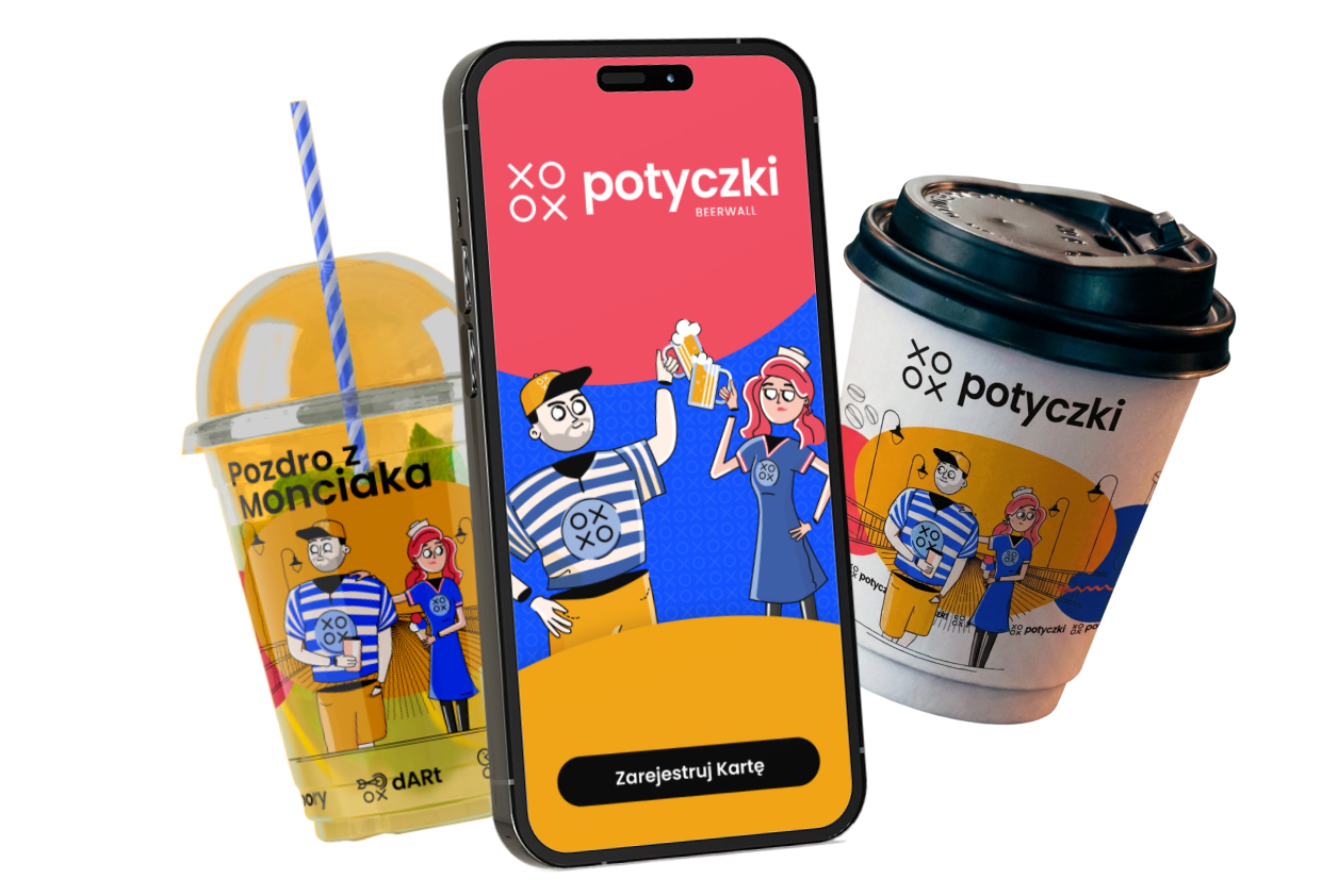 Potyczki brand applications shown on a mobile app screen and branded drink cups.