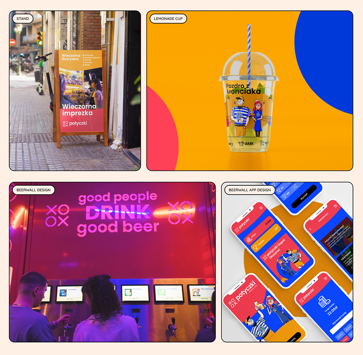 Overview of Potyczki arcade venue branding, including signage, packaging, interior branding and mobile app design.