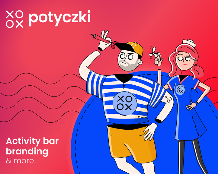 Hero graphic for the Potyczki branding case study, featuring illustrated characters and the venue’s visual identity.