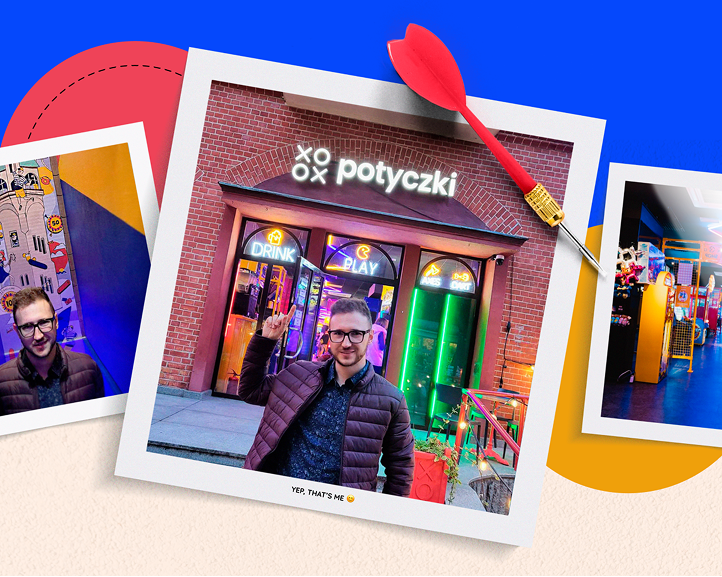 Photo collage showing the Potyczki arcade venue and branded interior atmosphere.