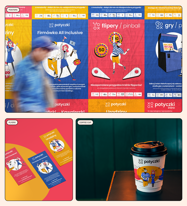 Printed materials and branded packaging designed for Potyczki, including posters, flyers and a takeaway coffee cup.