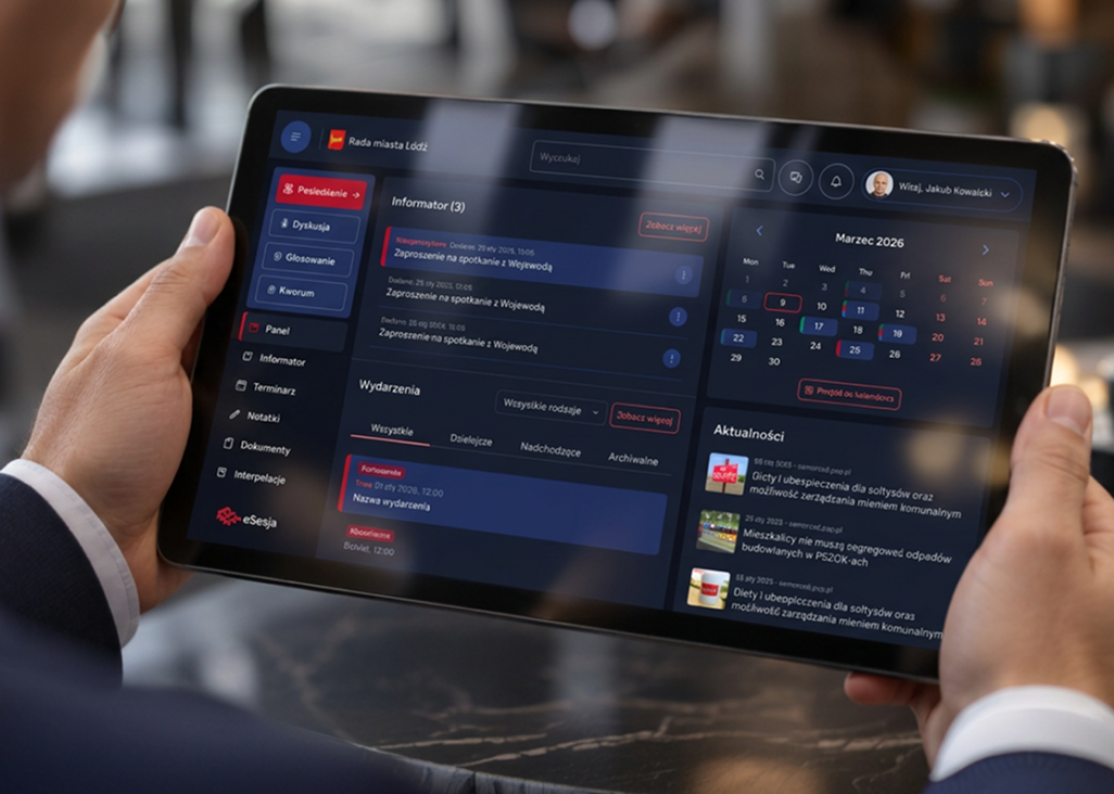 Visualization of the redesigned eSesja application in Dark Mode on a tablet.