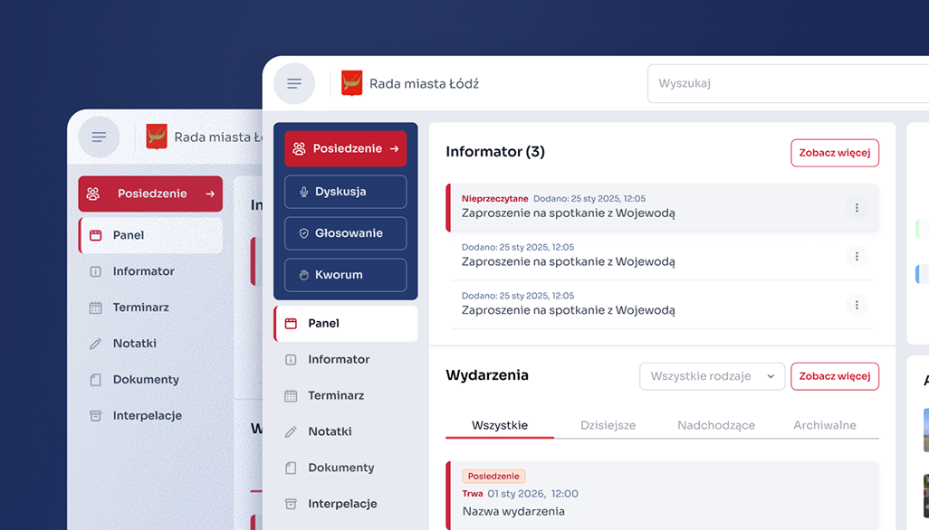 Two states of the eSesja navigation showing how the interface changes depending on the user's context.