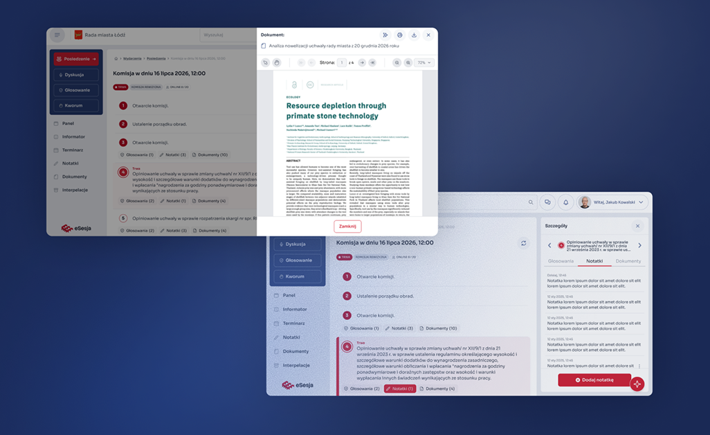 eSesja session interface showing contextual side panels for documents and notes.