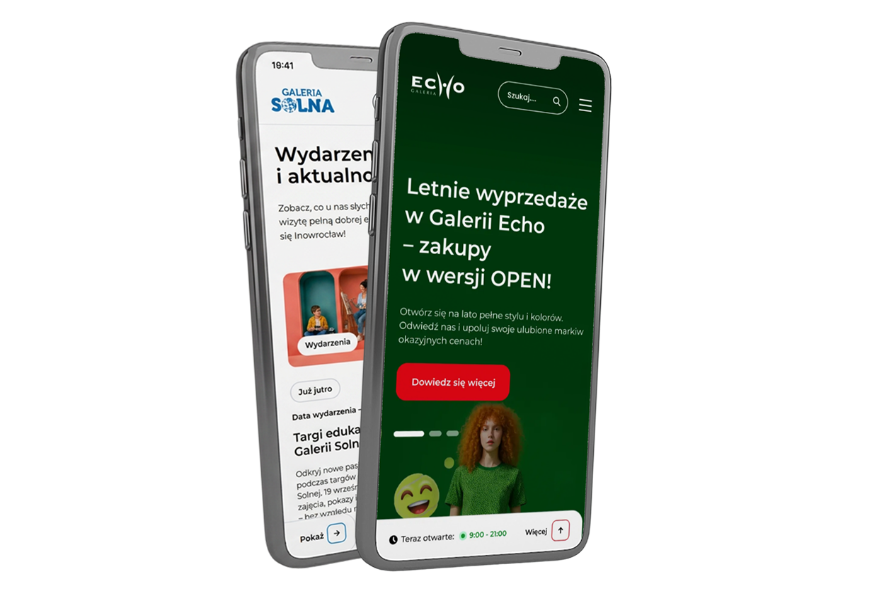 Two mobile screens showing the shared EPP multisite template adapted to different shopping centre brands.