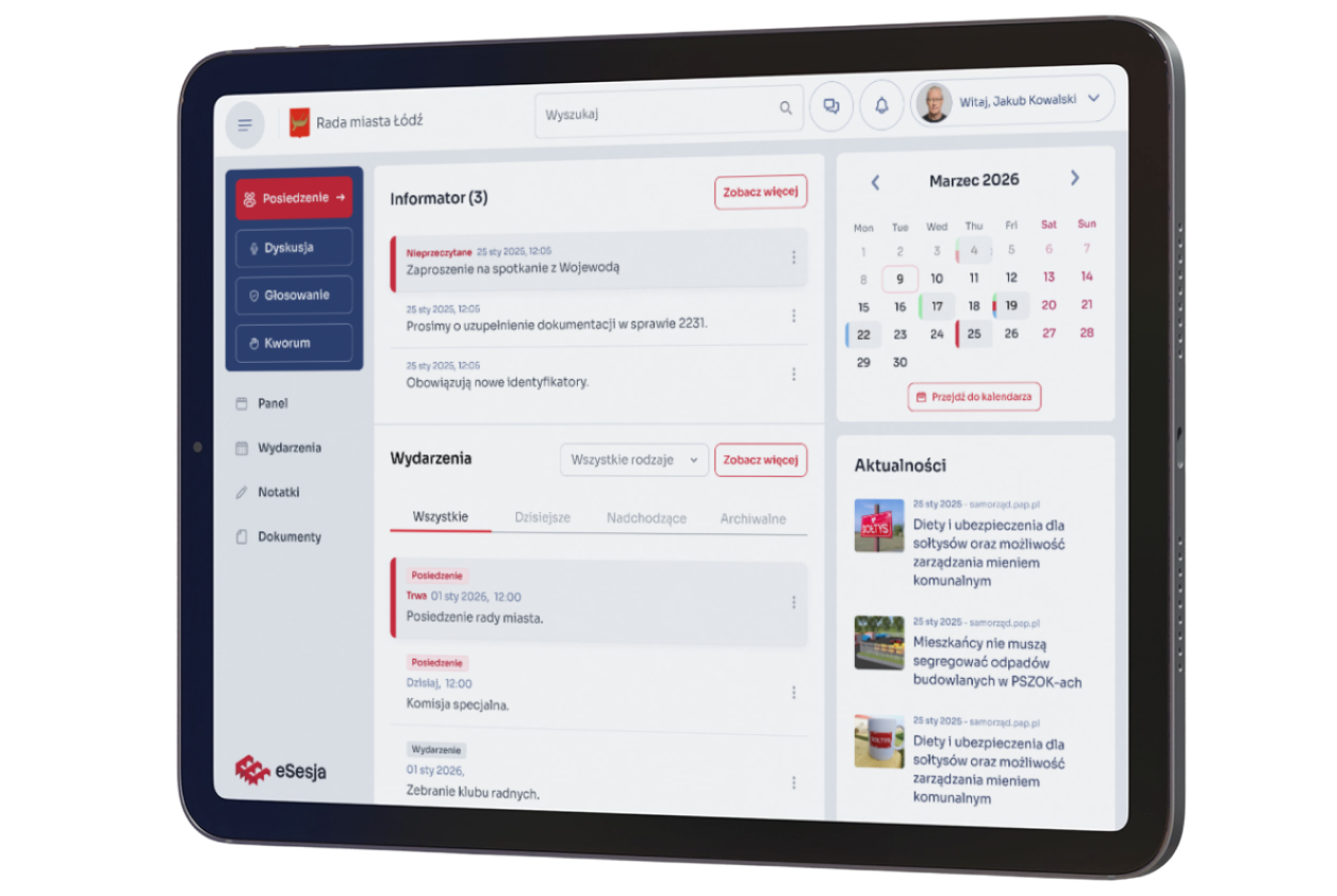 Tablet showing the redesigned eSesja interface for city council sessions.