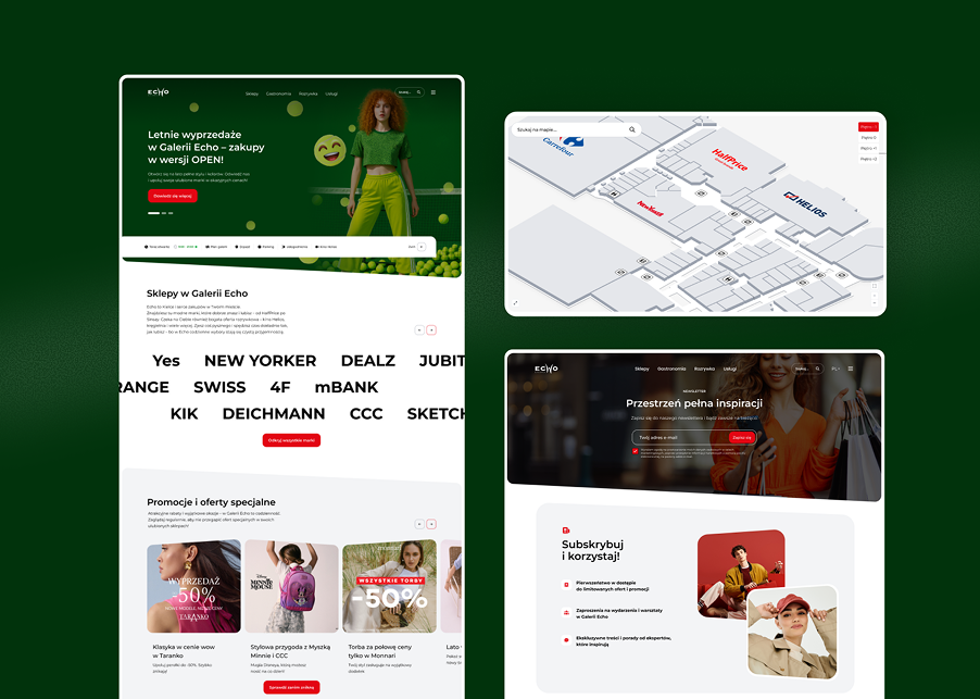 Selected screens from the EPP multisite template, including the shopping centre homepage, interactive map and content pages.