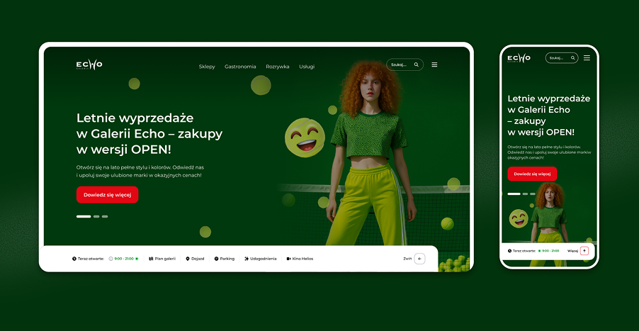 Responsive Galeria Echo homepage showing the persistent quick access bar on desktop and mobile.