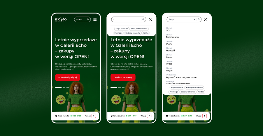 Mobile search interface for Galeria Echo showing search suggestions and results for stores and products.